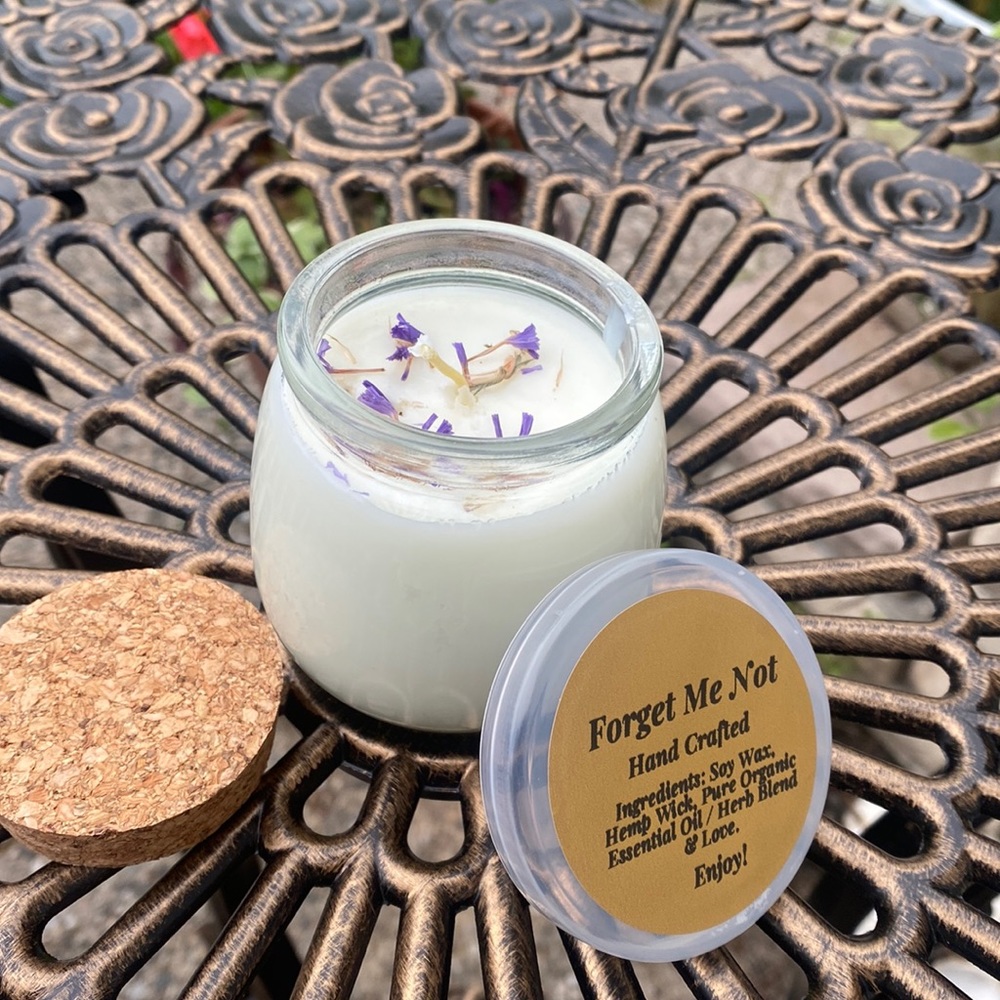 Forget Me Not Handcrafted scent Soy Candle hemp Wick Organic Essential Oil/Herb